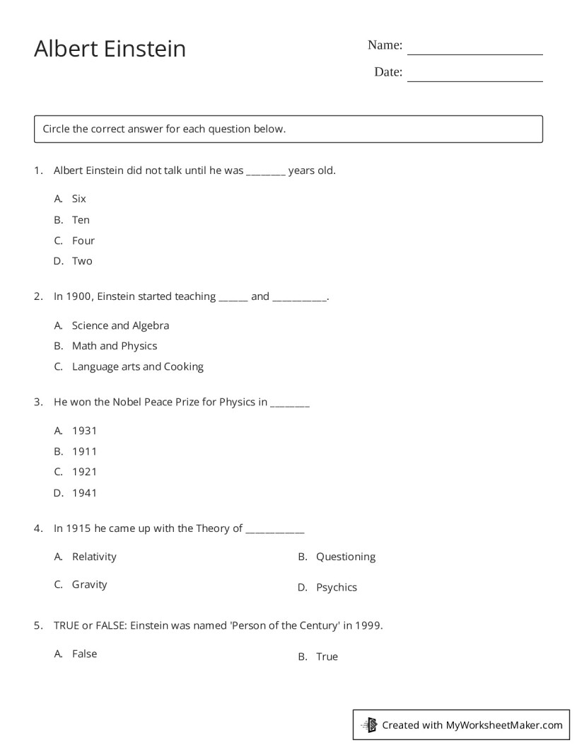 Albert Einstein - My Worksheet Maker: Create Your Own Worksheets