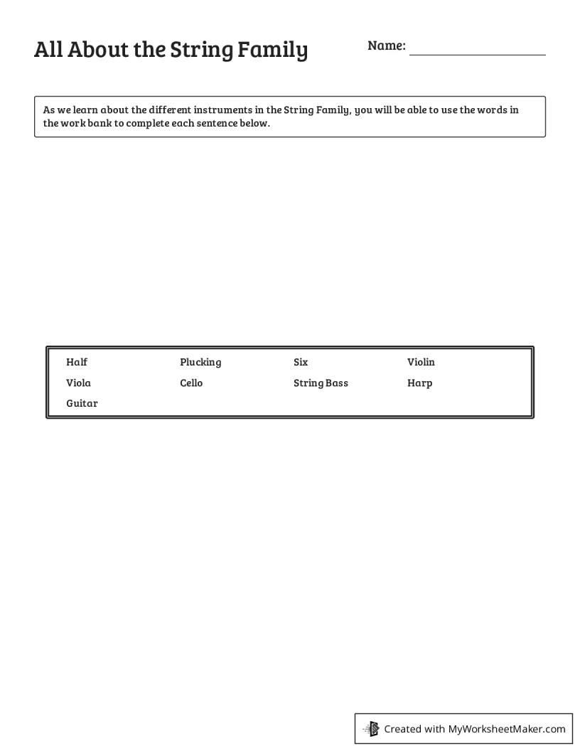 All About the String Family - My Worksheet Maker: Create Your Own ...
