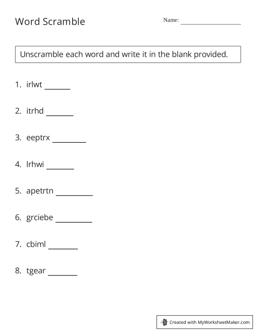 Word Scramble - My Worksheet Maker: Create Your Own Worksheets