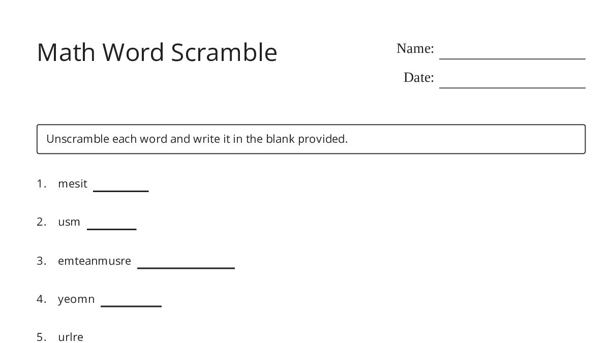 Math Word Scramble - My Worksheet Maker: Create Your Own Worksheets