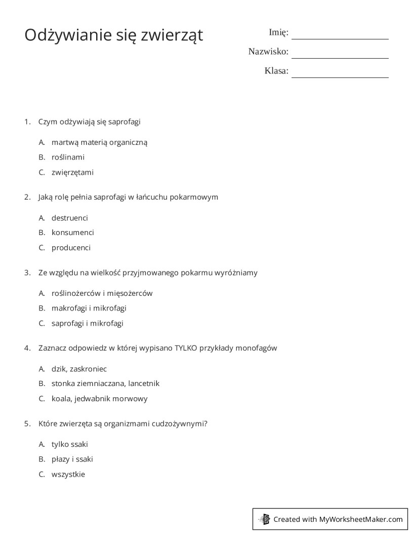 Odżywianie się zwierząt - My Worksheet Maker: Create Your Own Worksheets
