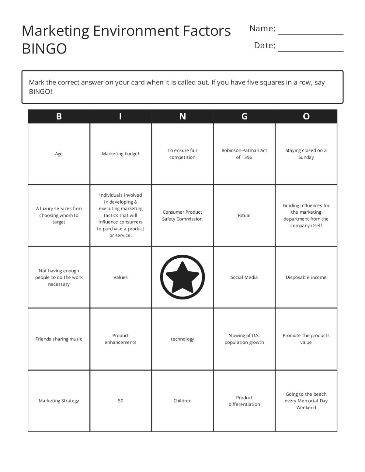 Marketing environment bingo cards with concepts like social media, product differentiation, and consumer behavior.