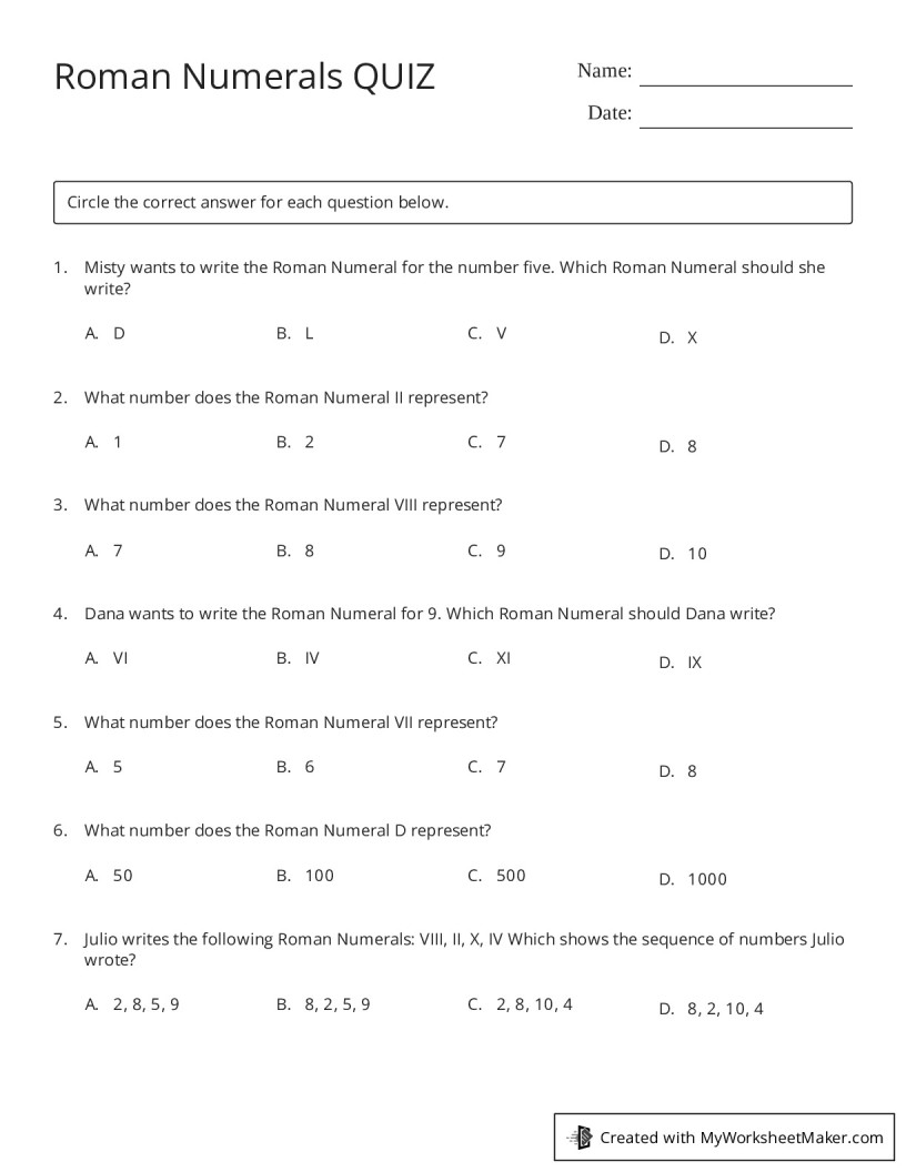 Roman Numerals QUIZ - My Worksheet Maker: Create Your Own Worksheets