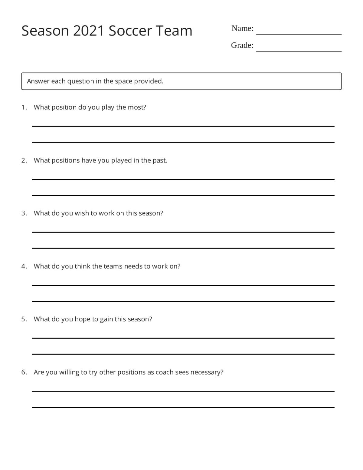Printable soccer team survey for Grades 6, 7, and 8 with questions about positions, experience, team goals, and a drawing prompt.