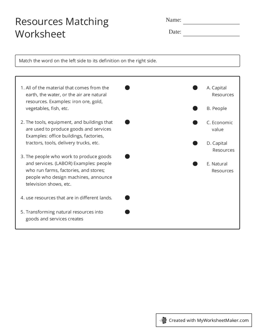 Resources Matching Worksheet - My Worksheet Maker: Create Your Own ...