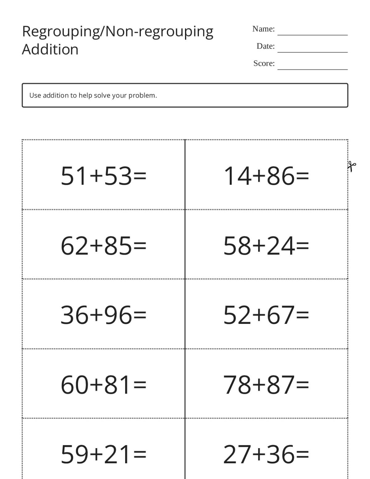 Two-digit addition flashcards with regrouping and nonregrouping problems for Grade 4.