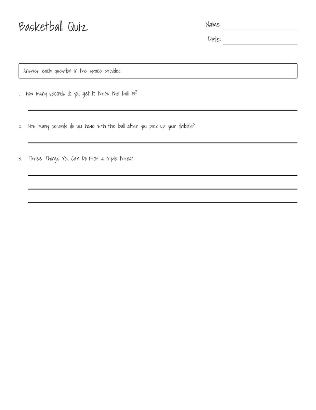 Printable 5th grade basketball quiz with questions on shot clock, dribbling, and triple-threat position.