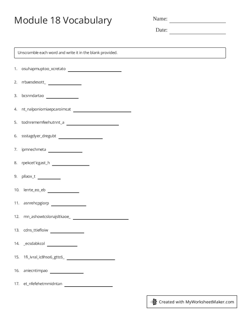 Module 18 Vocabulary My Worksheet Maker Create Your Own Worksheets