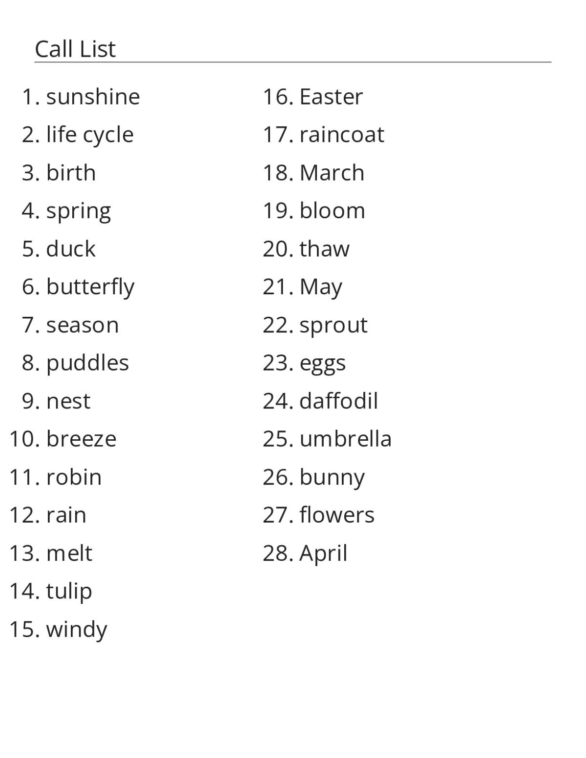 Spring bingo cards with flowers, animals, weather, and seasonal vocabulary.