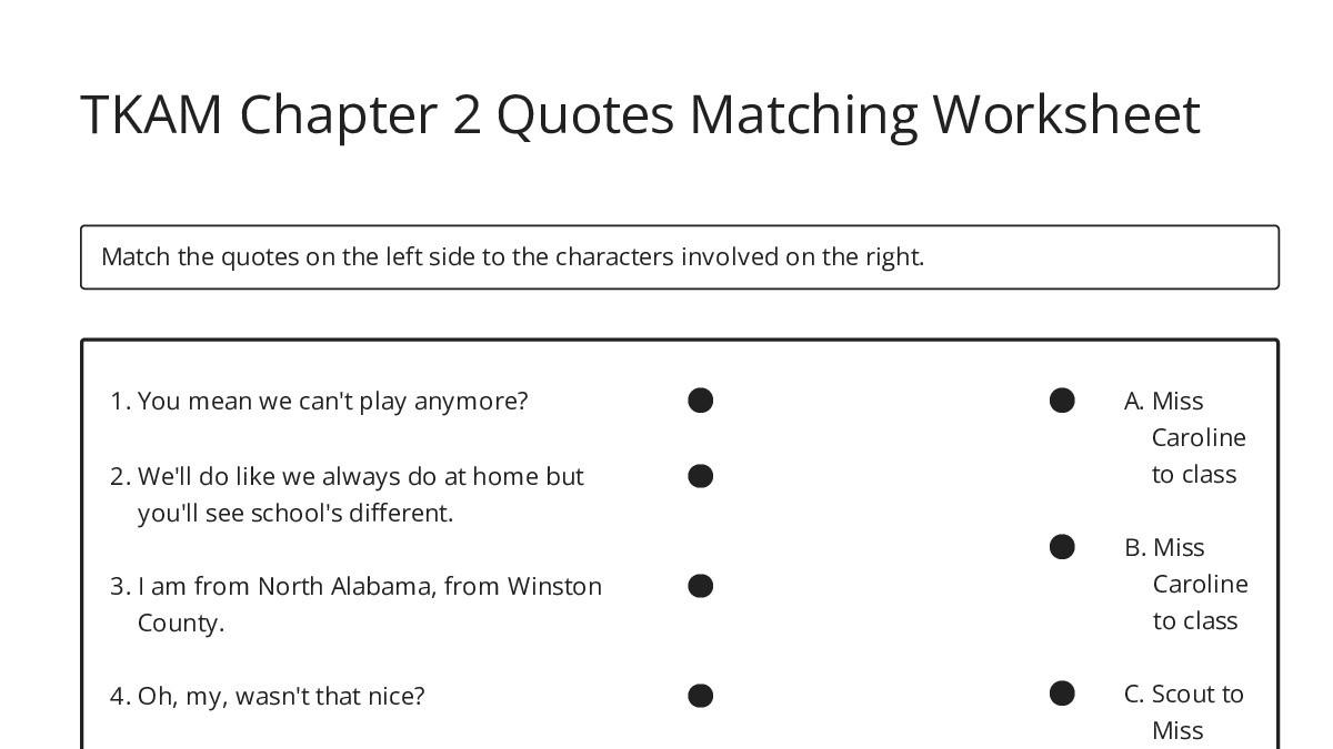 TKAM Chapter 2 Quotes Matching Worksheet - My Worksheet Maker: Create ...