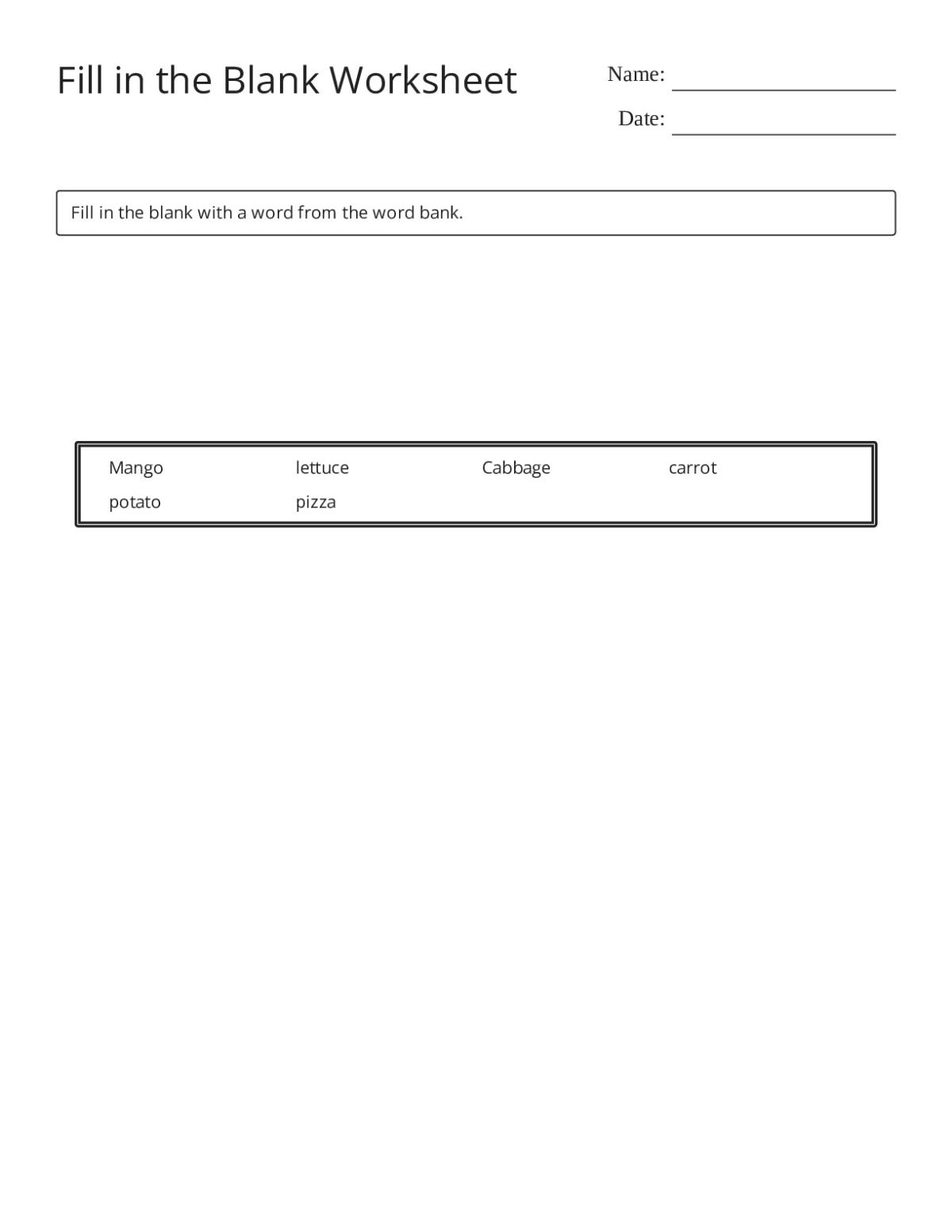 Printable Pre-K and 1st grade science worksheet on plant foods with fill-in-the-blank activities about vegetables and fruits.