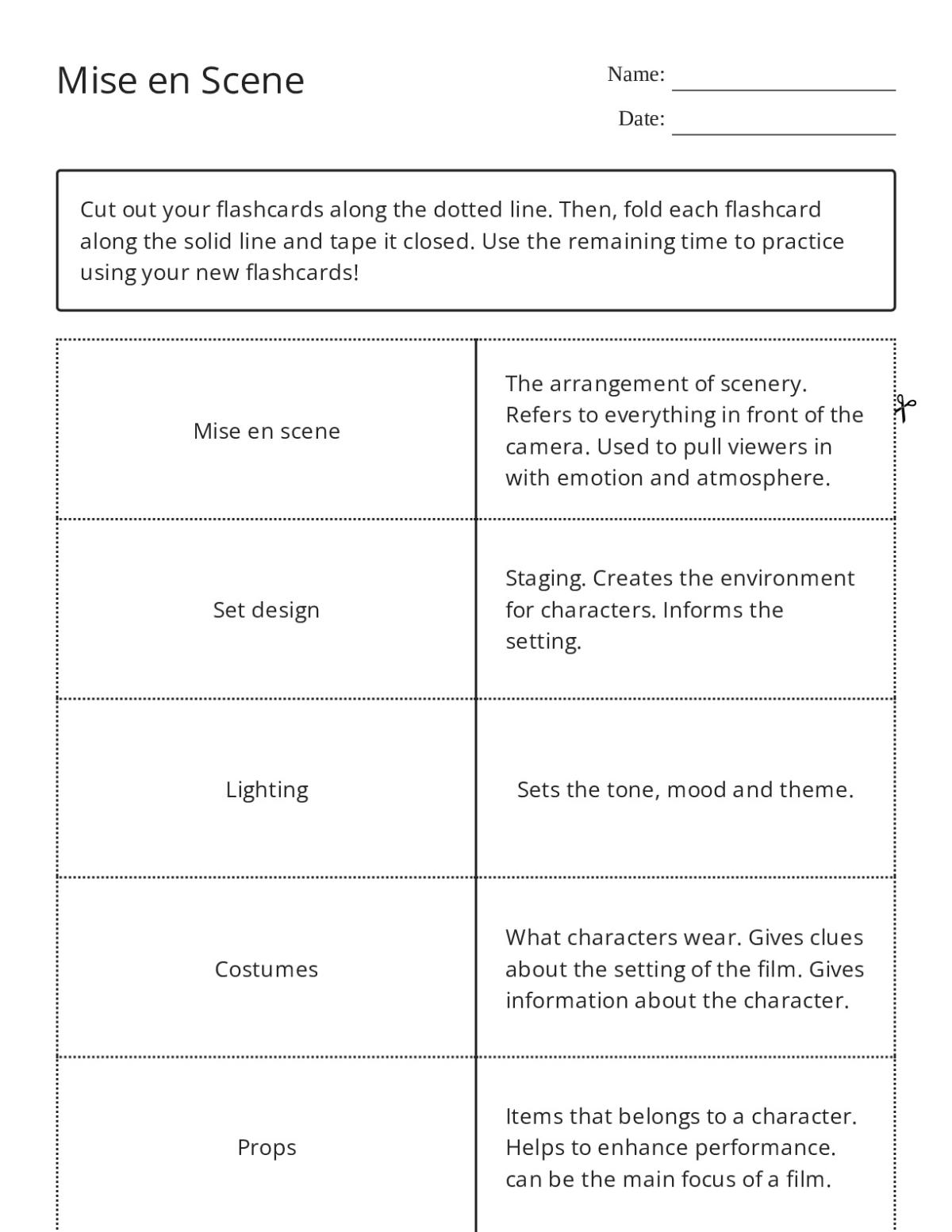 Mise en scène flashcards covering set design, lighting, costumes, props, and special effects for film and theater.