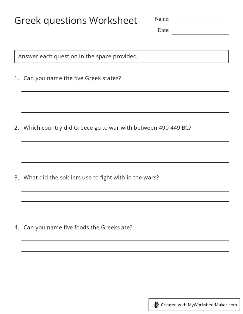 Greek questions Worksheet - My Worksheet Maker: Create Your Own Worksheets