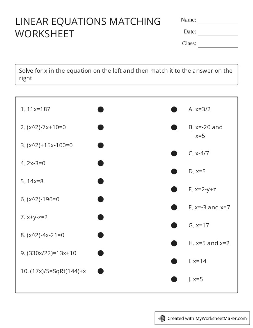 LINEAR EQUATIONS MATCHING WORKSHEET - My Worksheet Maker: Create Your ...