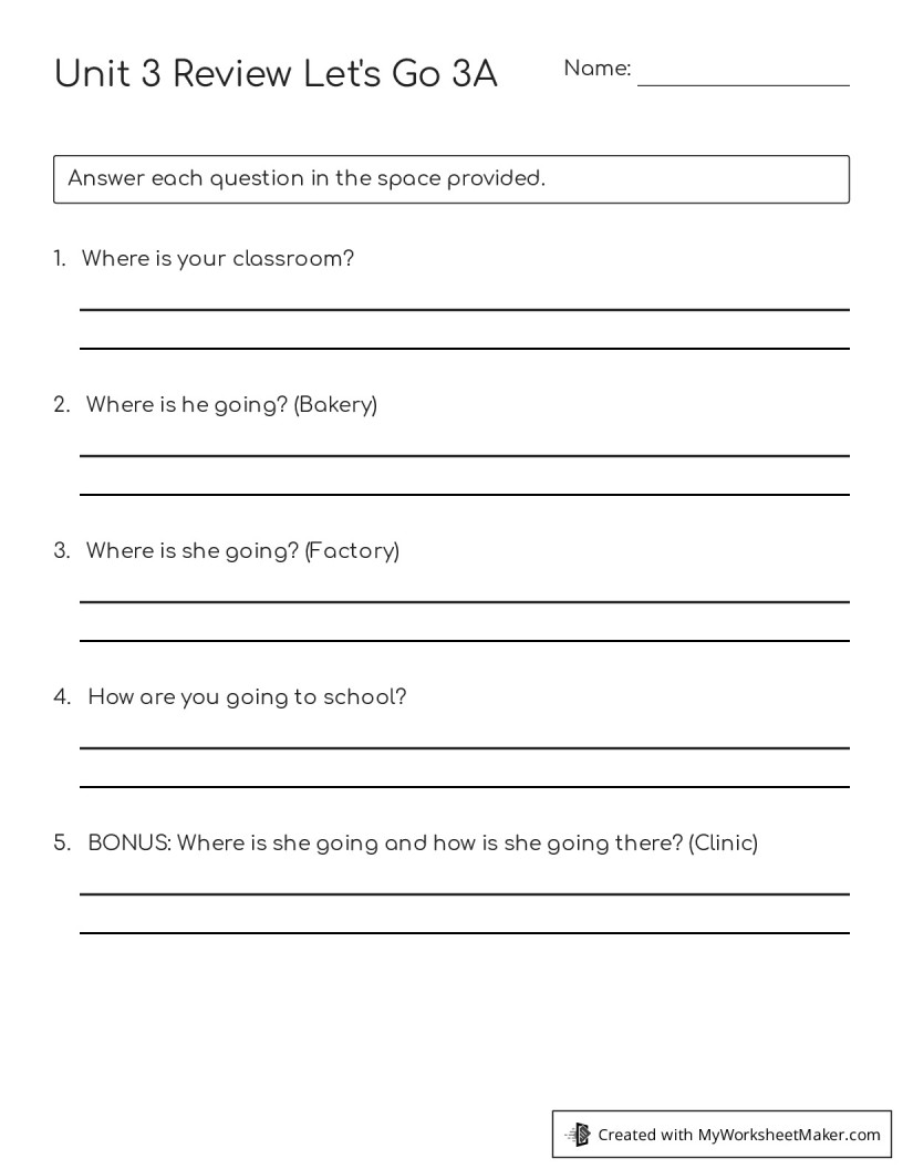 Unit 3 Review Let's Go 3A - My Worksheet Maker: Create Your Own Worksheets