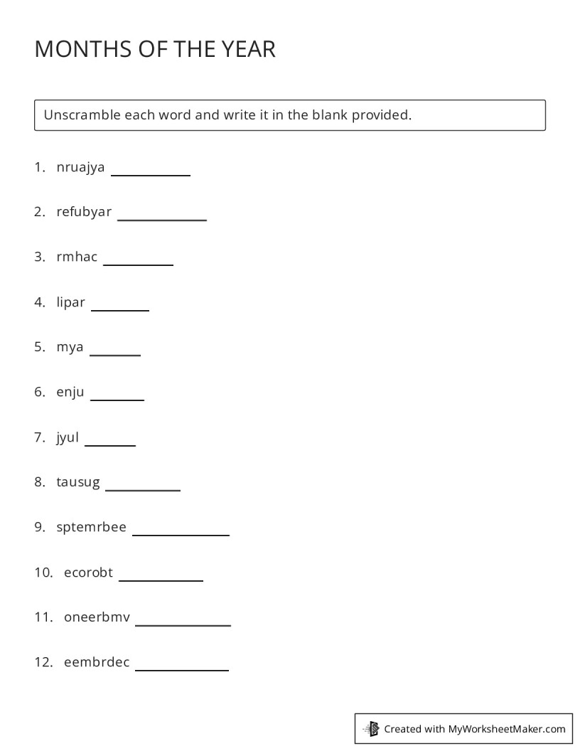 MONTHS OF THE YEAR - My Worksheet Maker: Create Your Own Worksheets