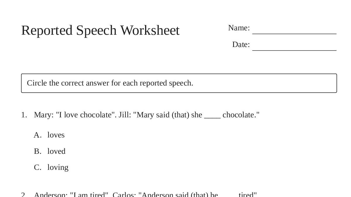 Reported Speech Worksheet - My Worksheet Maker: Create Your Own Worksheets