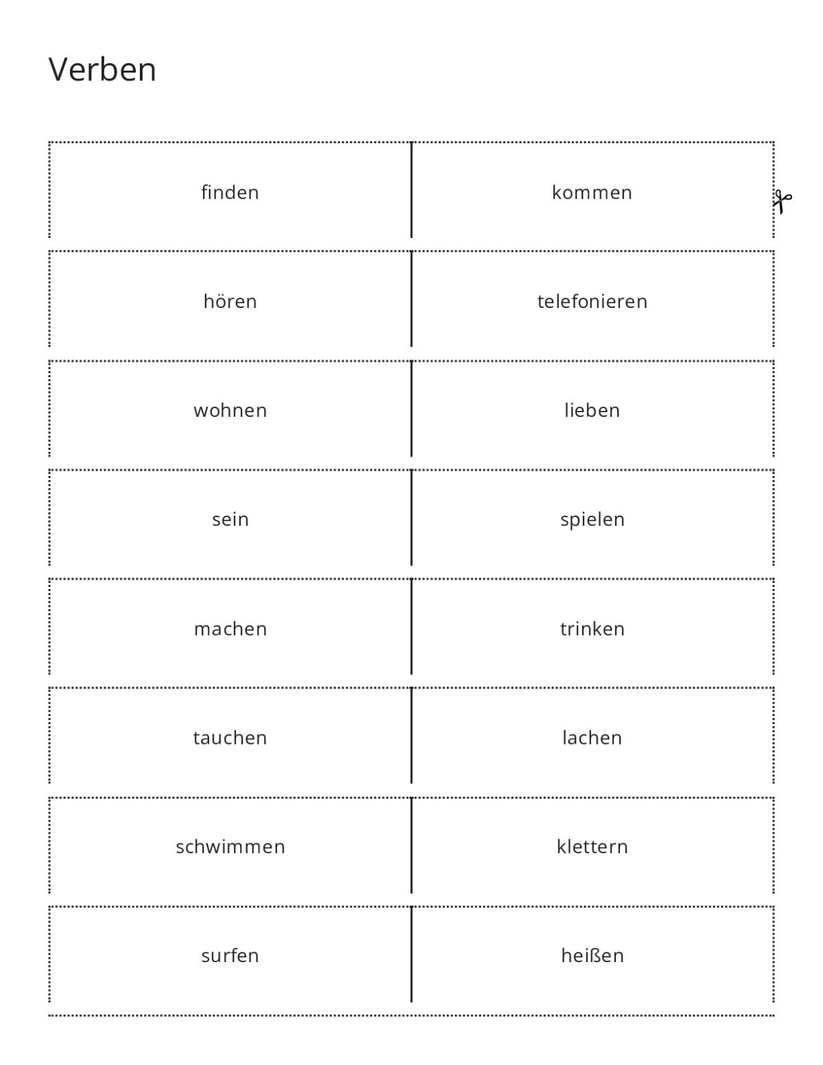 German verb flashcards including finden, hören, schwimmen, and surfen.