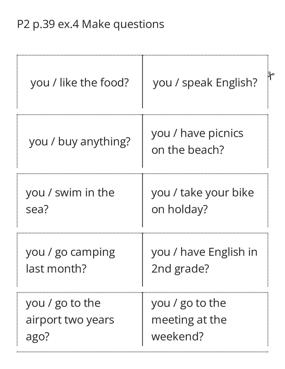 Question formation flashcards for elementary grammar practice with past and present tense verbs.