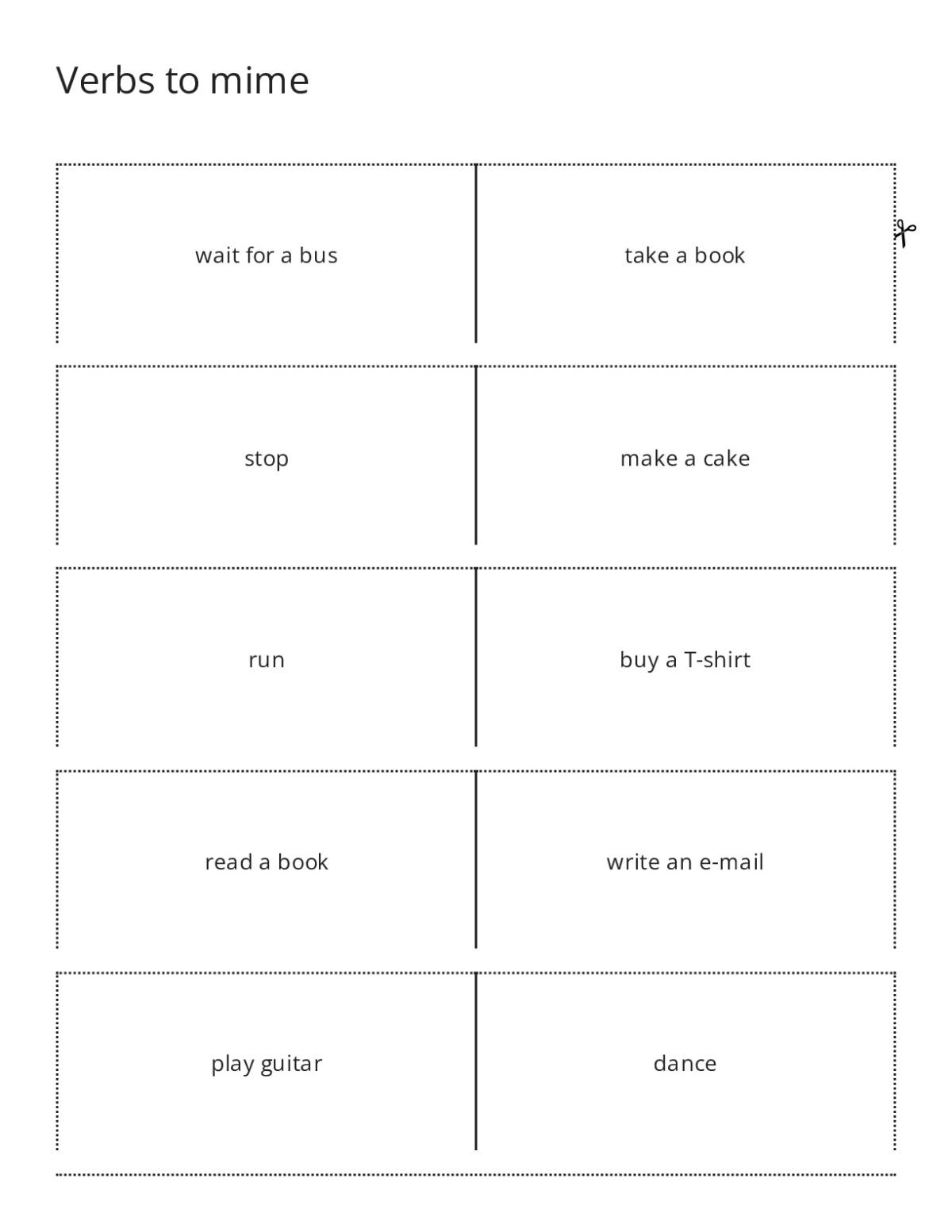 Action verb flashcards for miming activities, including run, swim, and play guitar.