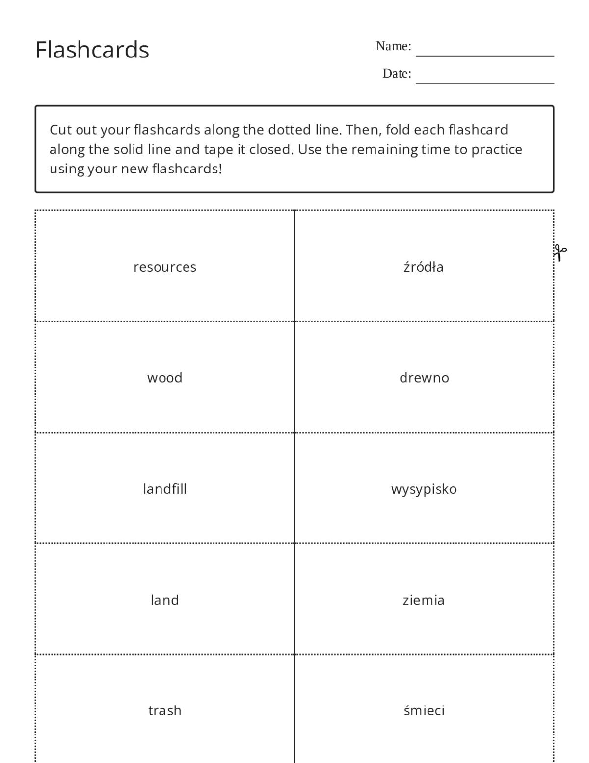 Environmental vocabulary flashcards with landfill, factory, reduce, and reuse for elementary students.