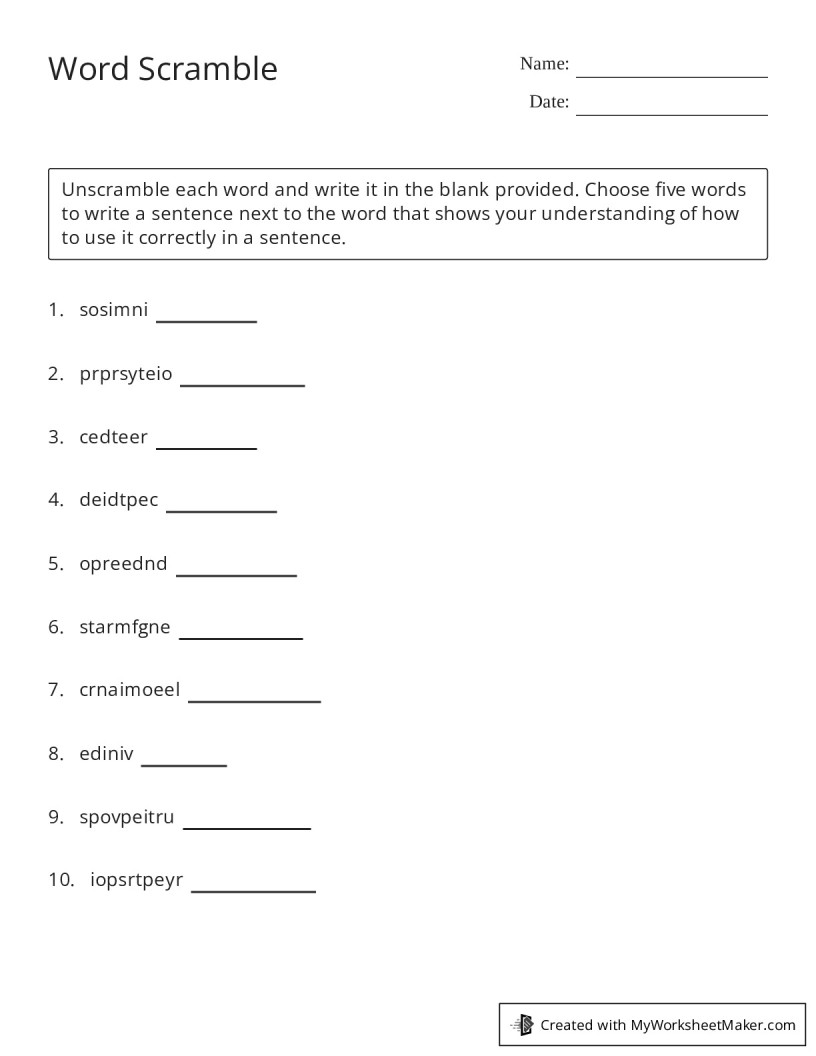 Word Scramble - My Worksheet Maker: Create Your Own Worksheets