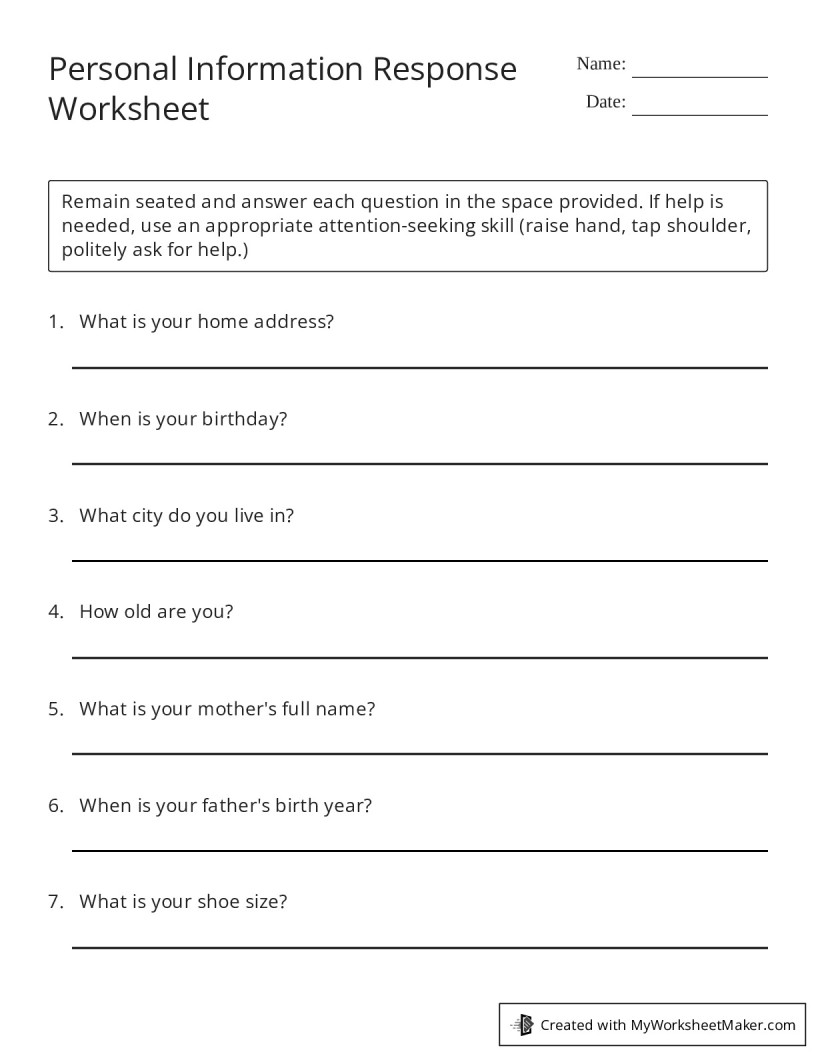 Personal Information Response Worksheet - My Worksheet Maker: Create ...