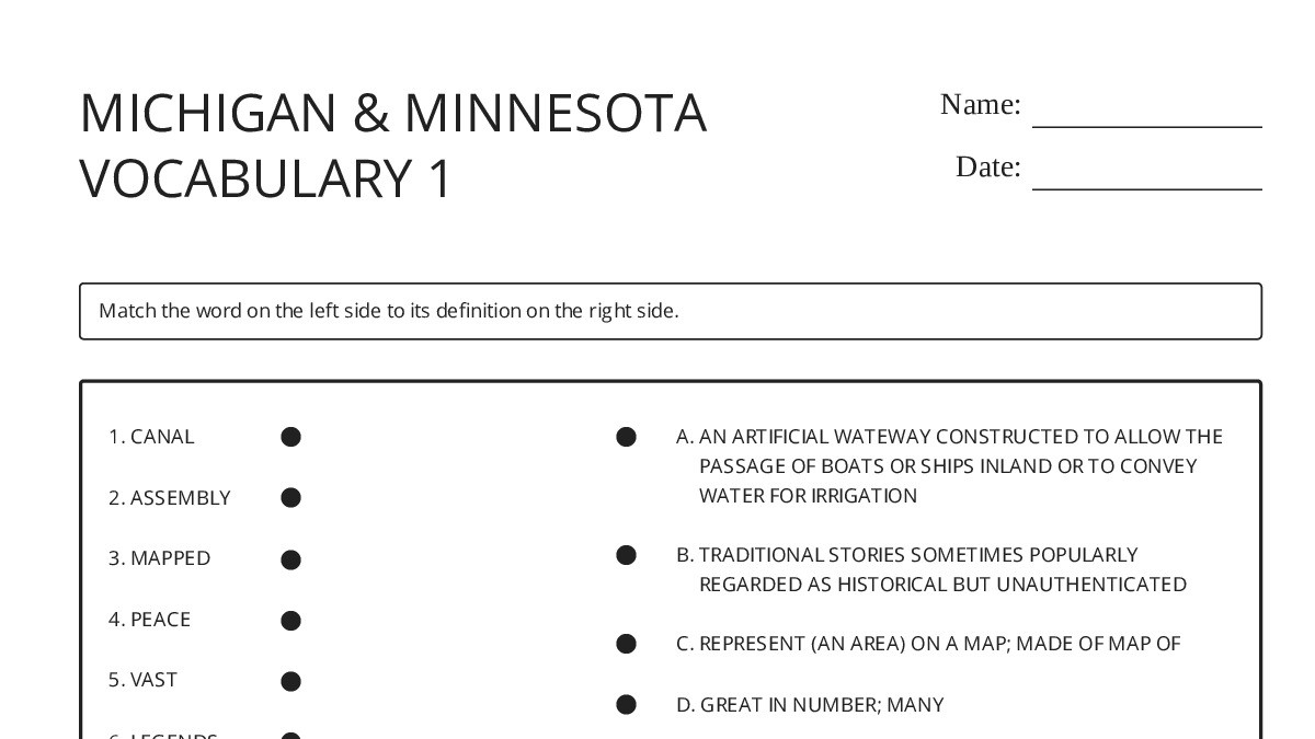 MICHIGAN & MINNESOTA VOCABULARY 1 - My Worksheet Maker: Create Your Own ...