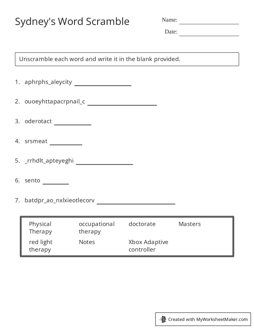 Sydney's Word Scramble - My Worksheet Maker: Create Your Own Worksheets
