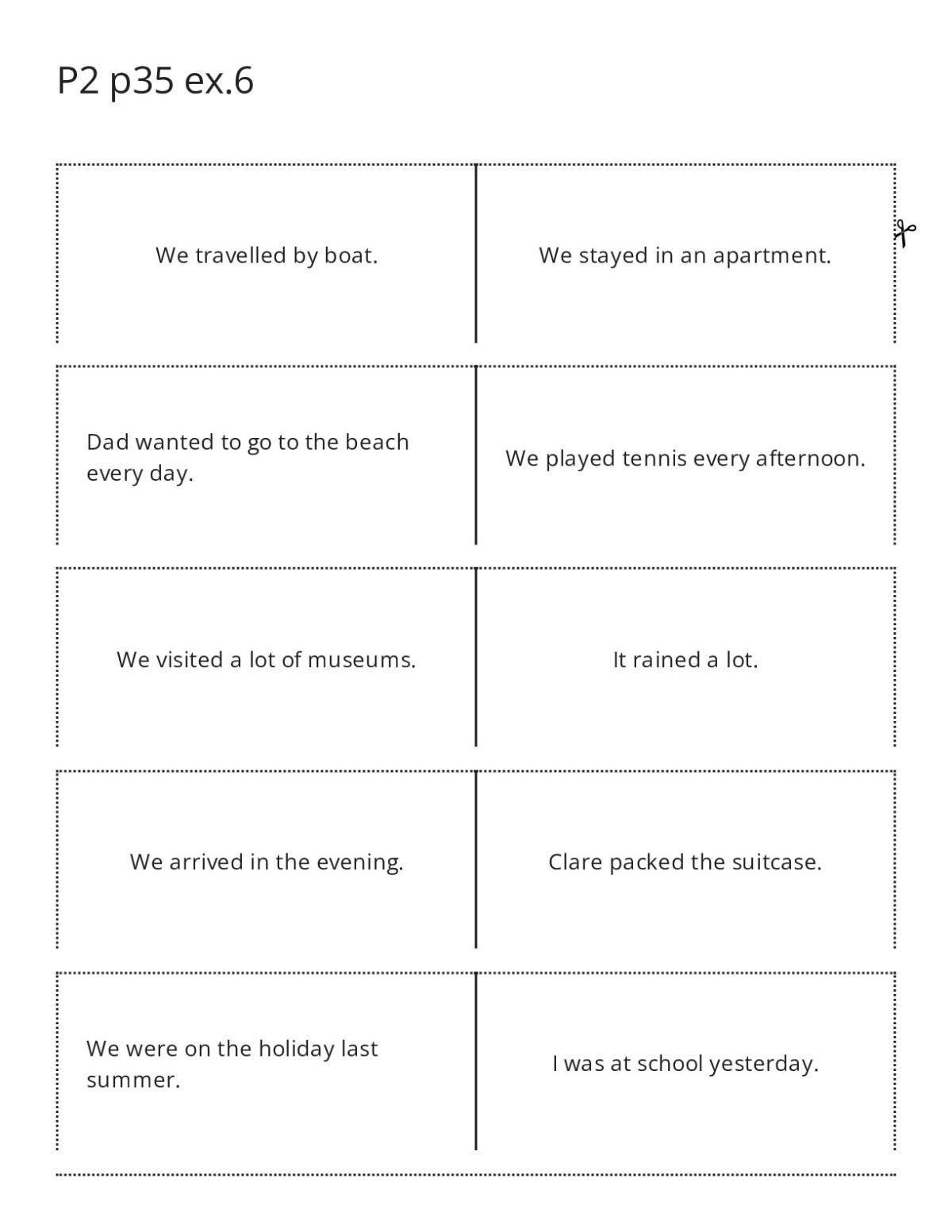 Past tense grammar flashcards with sentences about travel and vacation.