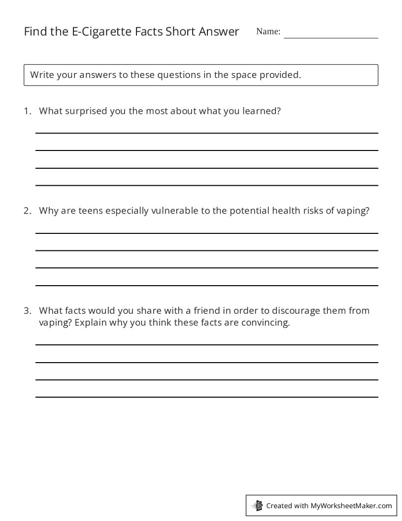 Find the e-cigarette facts short answer - my worksheet maker: create your  own worksheets