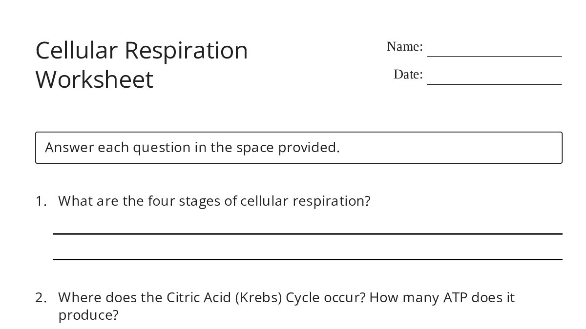 Cellular Respiration Worksheet - My Worksheet Maker: Create Your Own ...