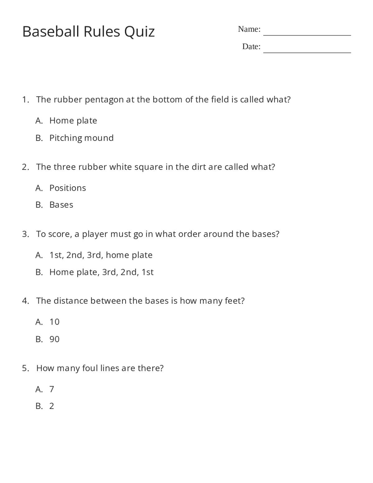 Printable baseball quiz for Grades 4–6 with 15 multiple-choice questions on field terminology, bases, and player positions.