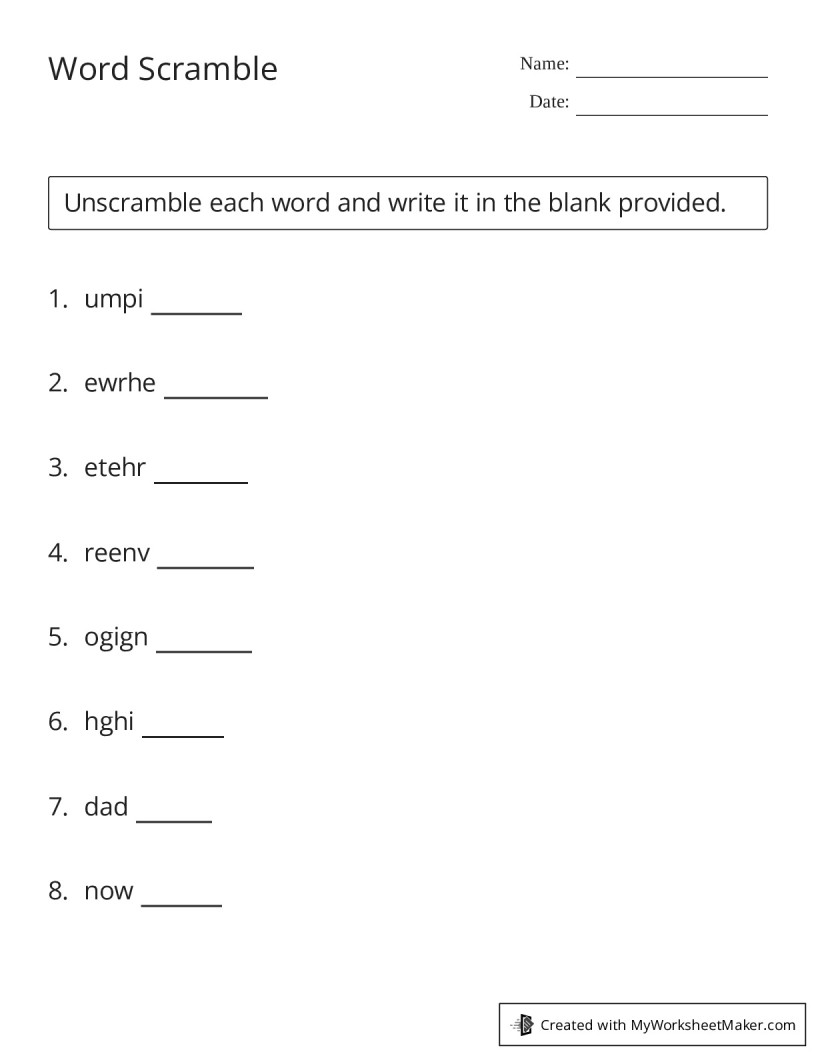 Word Scramble - My Worksheet Maker: Create Your Own Worksheets