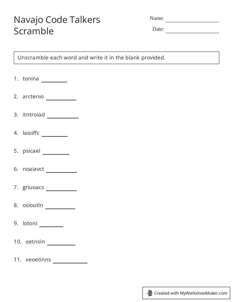 Navajo Code Talkers Scramble My Worksheet Maker Create Your Own Worksheets