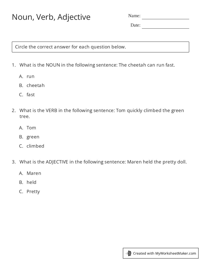 Noun, Verb, Adjective - My Worksheet Maker: Create Your Own Worksheets