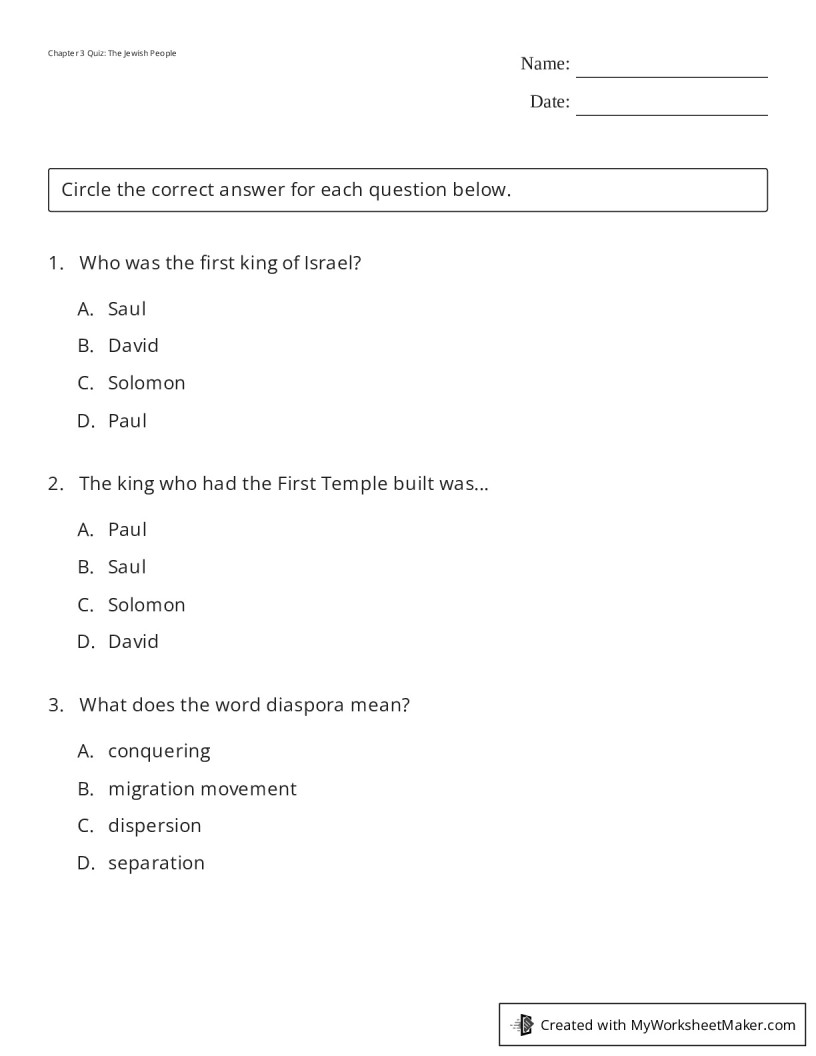 Chapter 3 Quiz: The Jewish People - My Worksheet Maker: Create Your Own ...