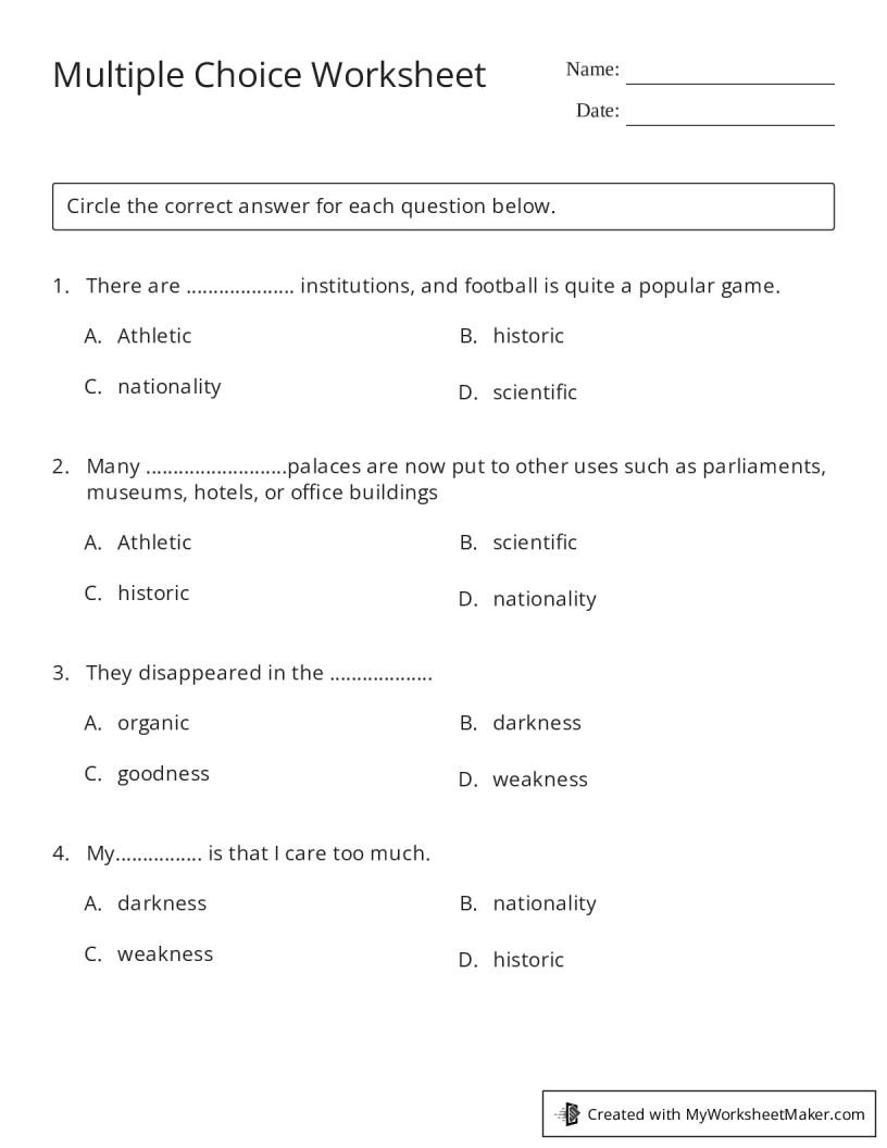 Multiple Choice Worksheet - My Worksheet Maker: Create Your Own Worksheets
