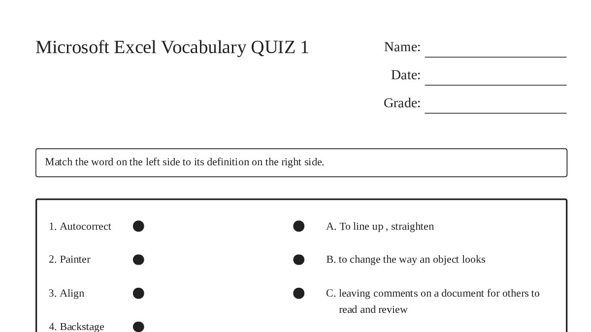 Microsoft Excel Vocabulary QUIZ 1 - My Worksheet Maker: Create Your Own ...