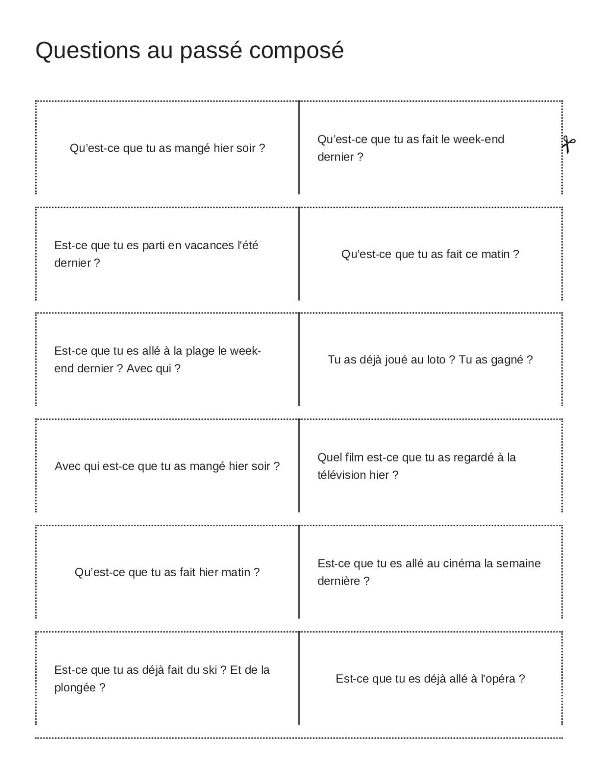 French passé composé question flashcards for conversation practice.