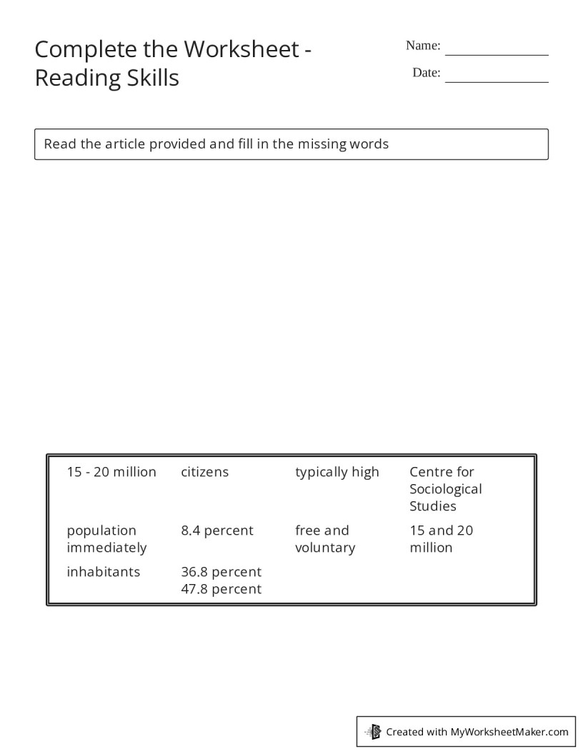 Complete the Worksheet - Reading Skills - My Worksheet Maker: Create ...