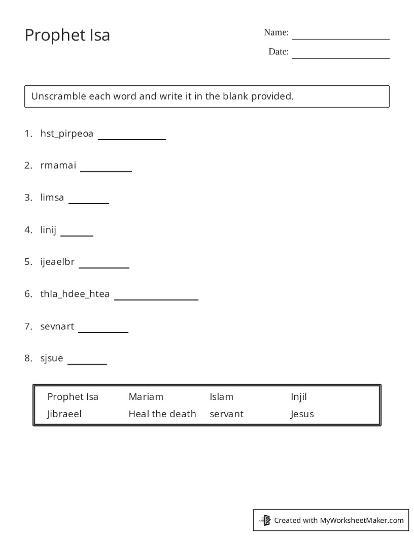 Prophet Isa - My Worksheet Maker: Create Your Own Worksheets