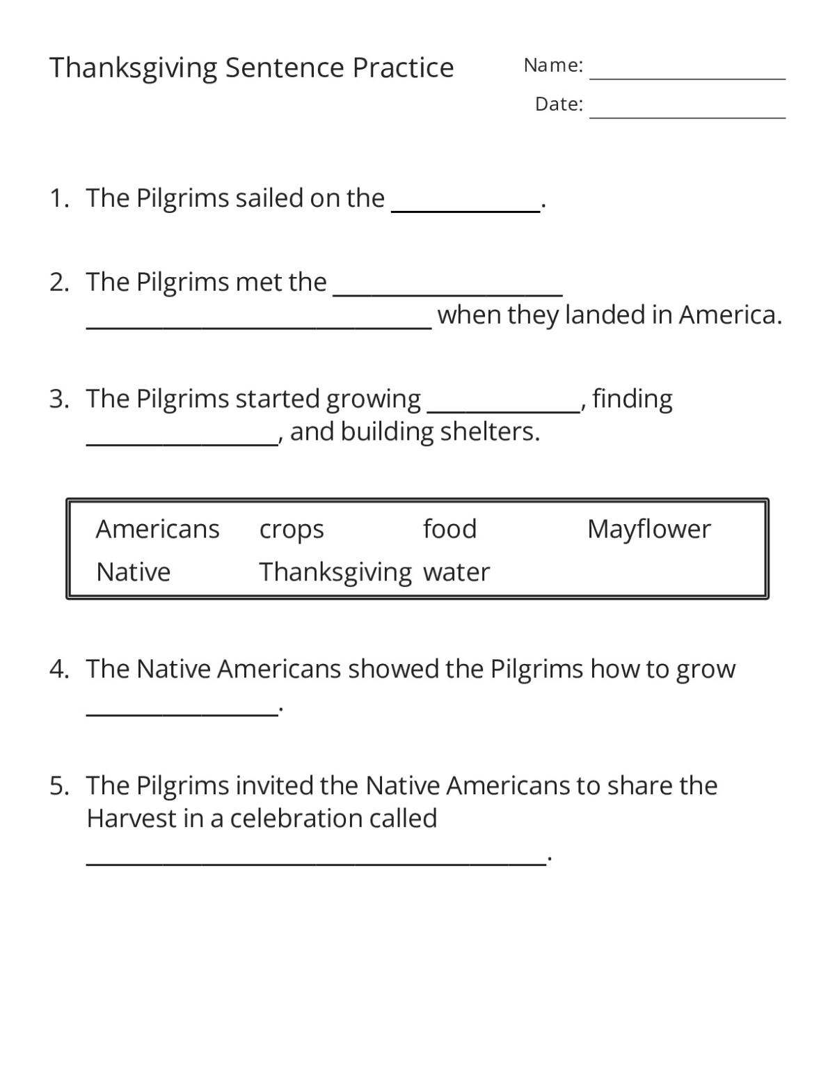Printable 1st grade Thanksgiving fill-in-the-blank worksheet with sentence-writing activities and a word bank.