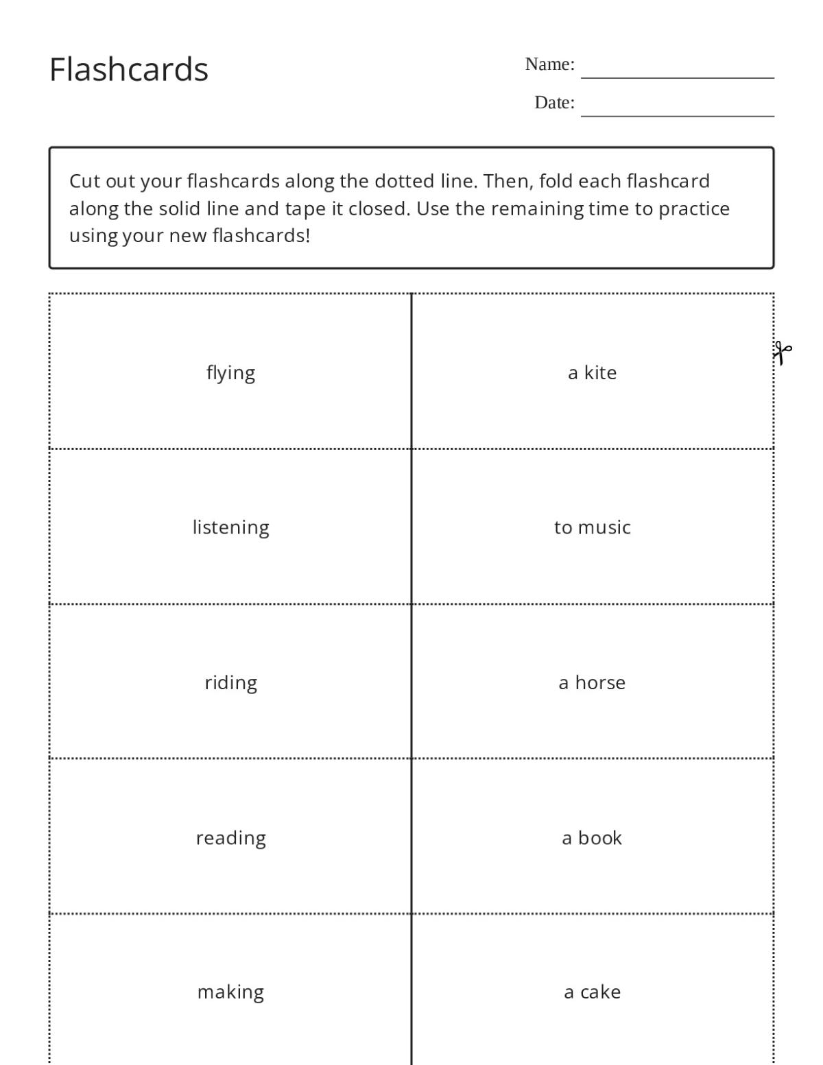Gerund flashcards with flying, listening, riding, reading, and making for elementary students.