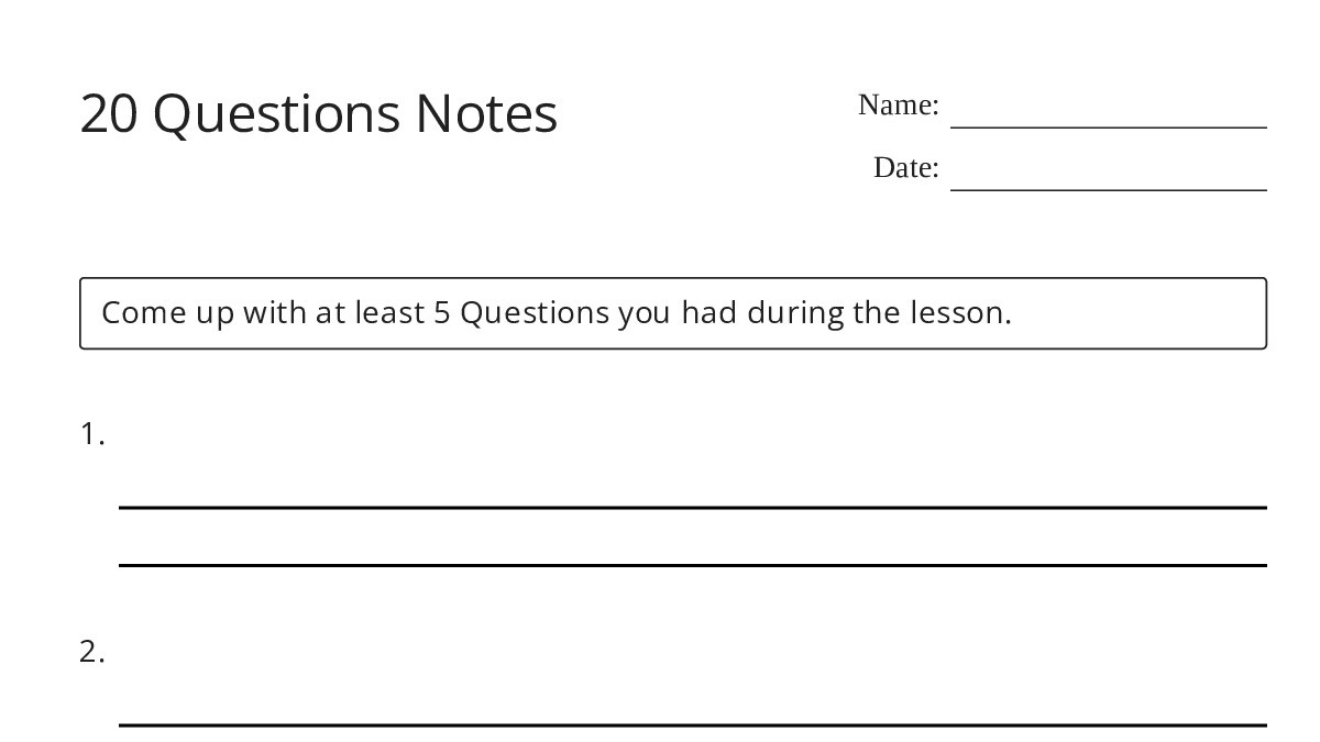 Printable Note Questions 20 Questions Notes - My Worksheet Maker: Create Your Own Worksheets