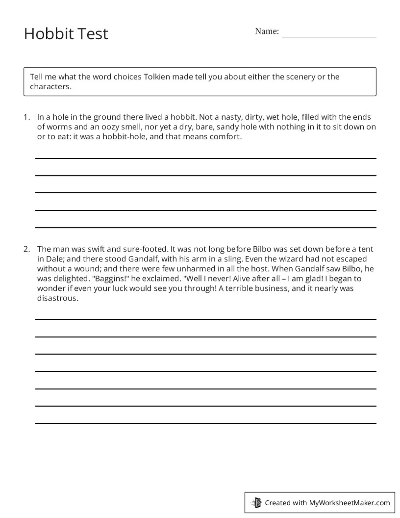 Hobbit Test - My Worksheet Maker: Create Your Own Worksheets