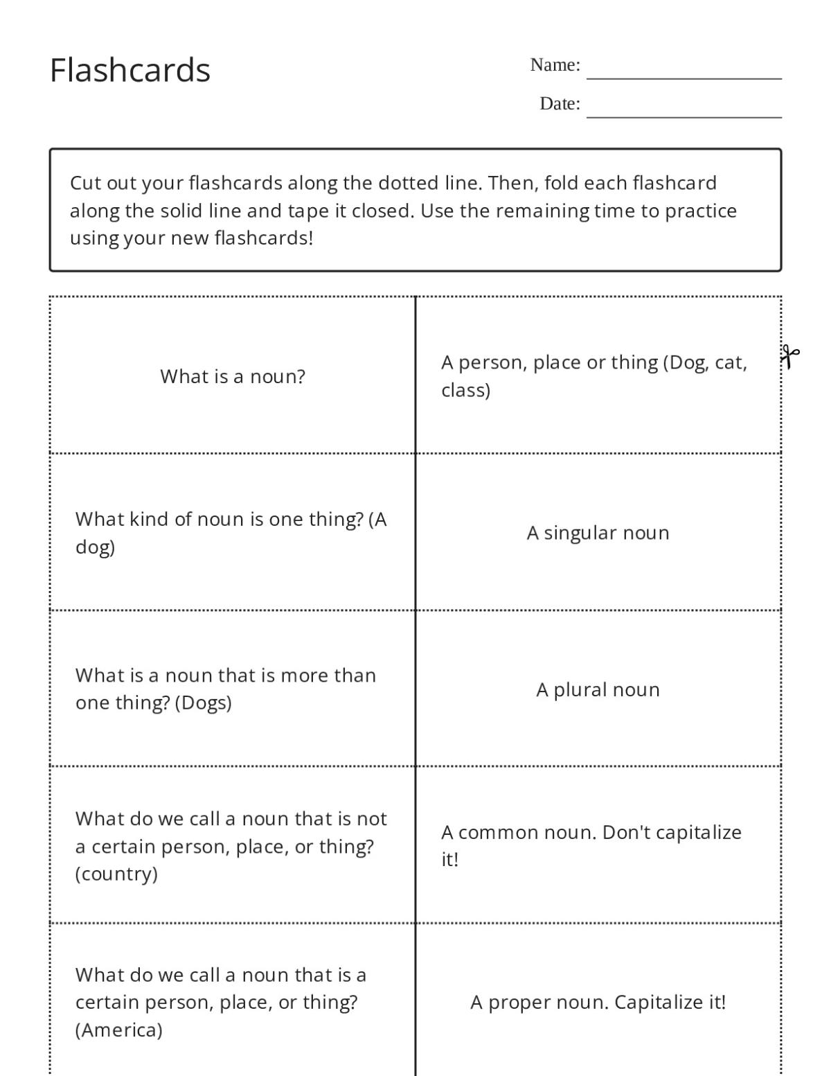 Grammar flashcards with nouns, sentence types, and language concepts for 3rd Grade.