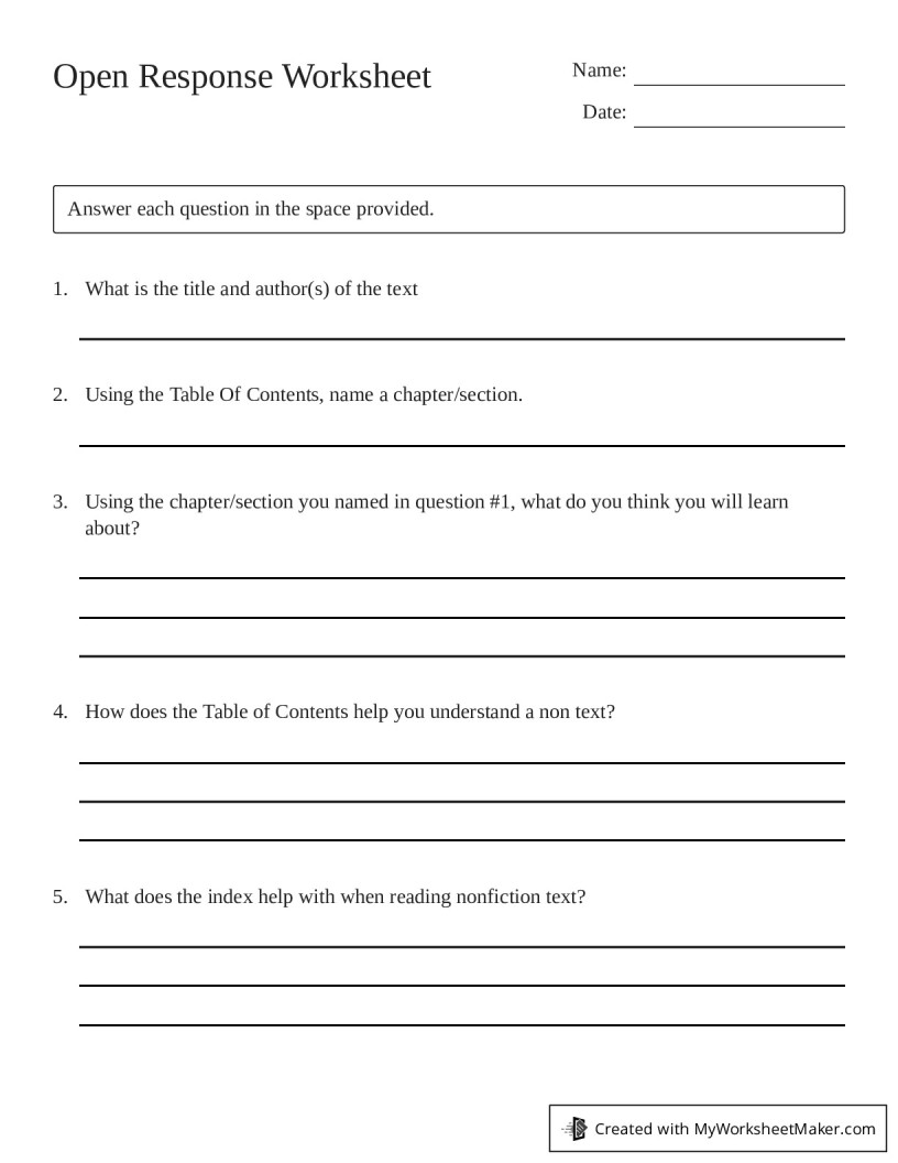 Open Response Worksheet - My Worksheet Maker: Create Your Own Worksheets