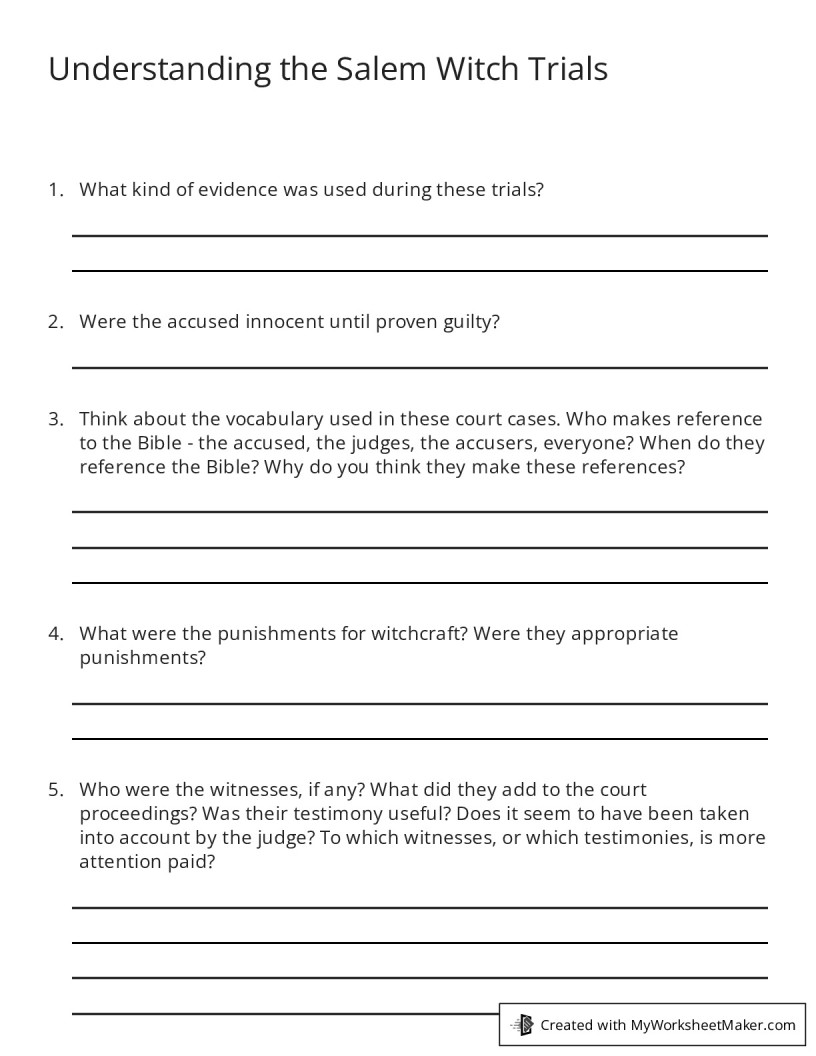 Understanding the Salem Witch Trials - My Worksheet Maker: Create Your ...