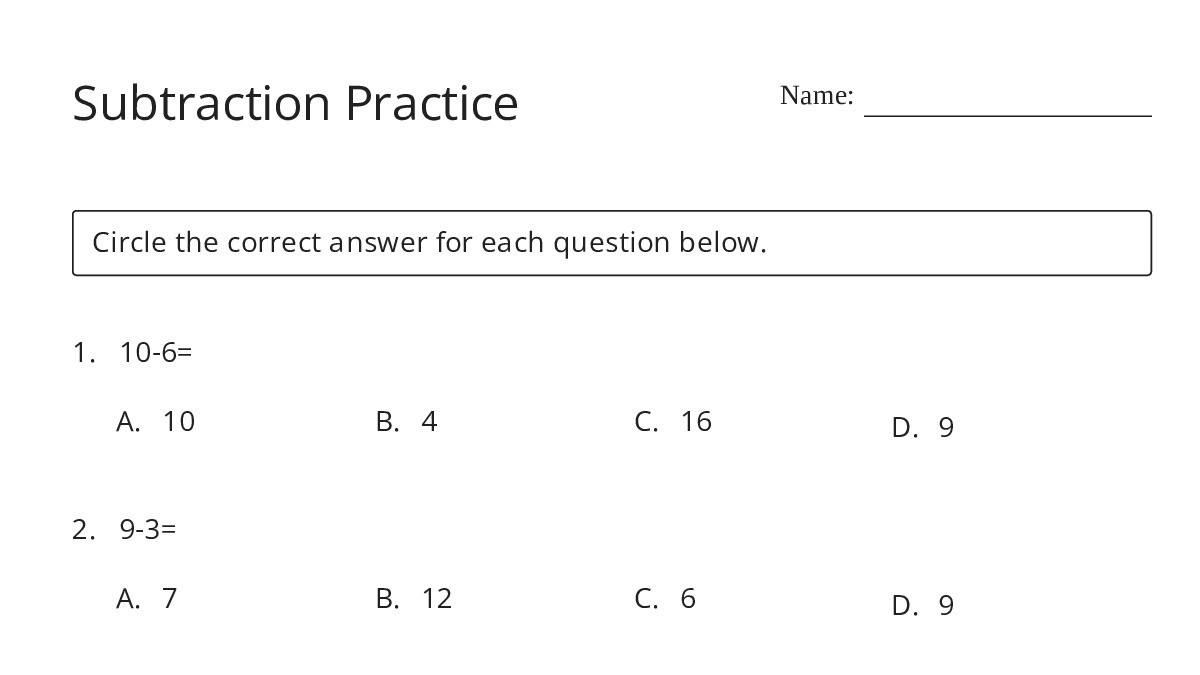 Subtraction Practice - My Worksheet Maker: Create Your Own Worksheets